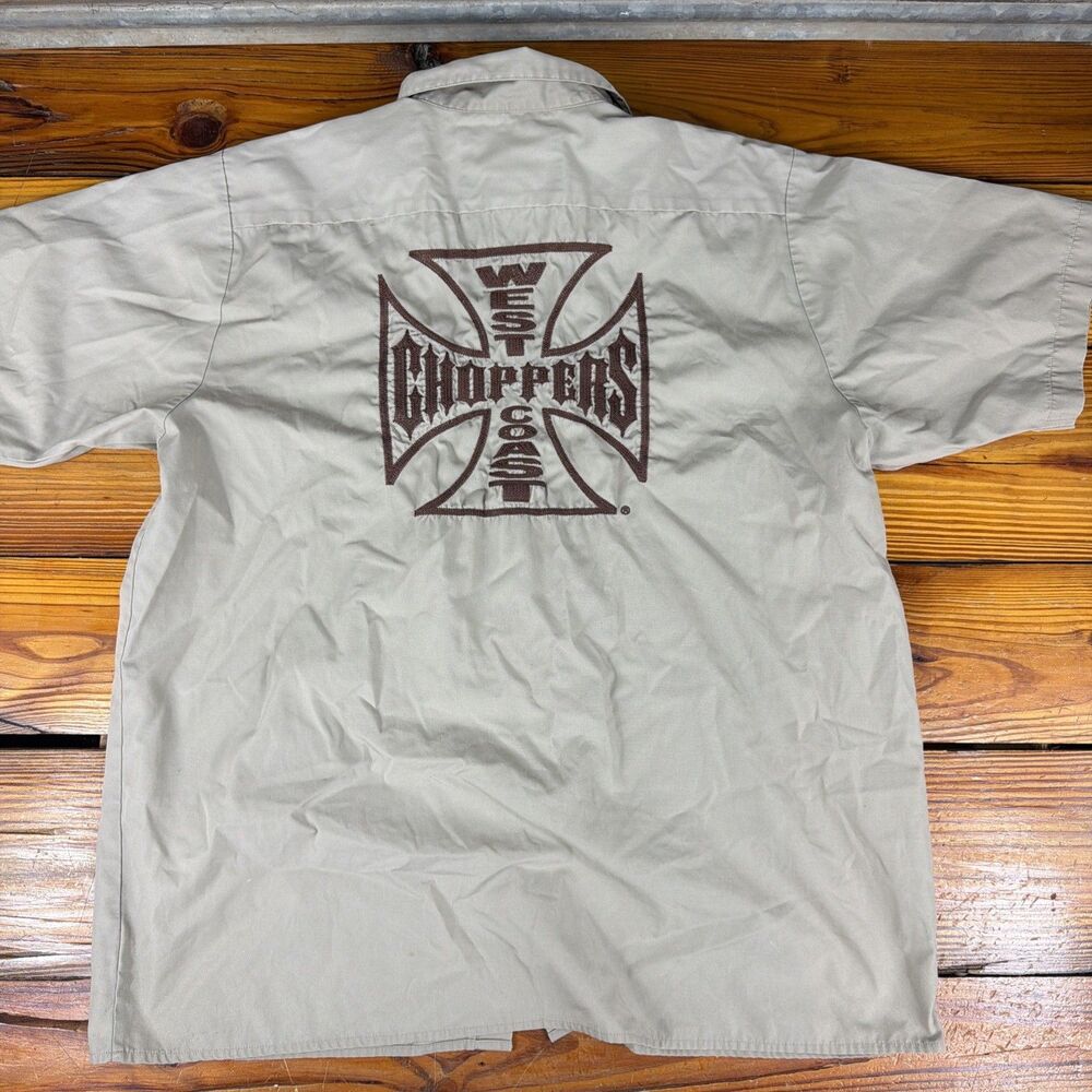 Jesse James West Coast Choppers Button-Up Shirt Men’s Beige Workwear XL Flaw/SEE